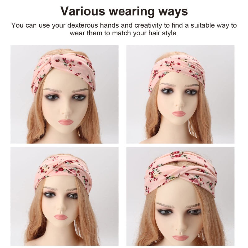 DRESHOW 4 Pack Boho Cotton Non-Slip Headbands for Women Girls Yoga Workout Running Knotted Turban Floral Elastic Head Wrap - Image 4